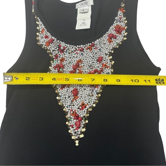 Cache UNIQUE Embellished Tank Top SZ Small Black Chic Beaded Bull Head EUC - Picture 5 of 7